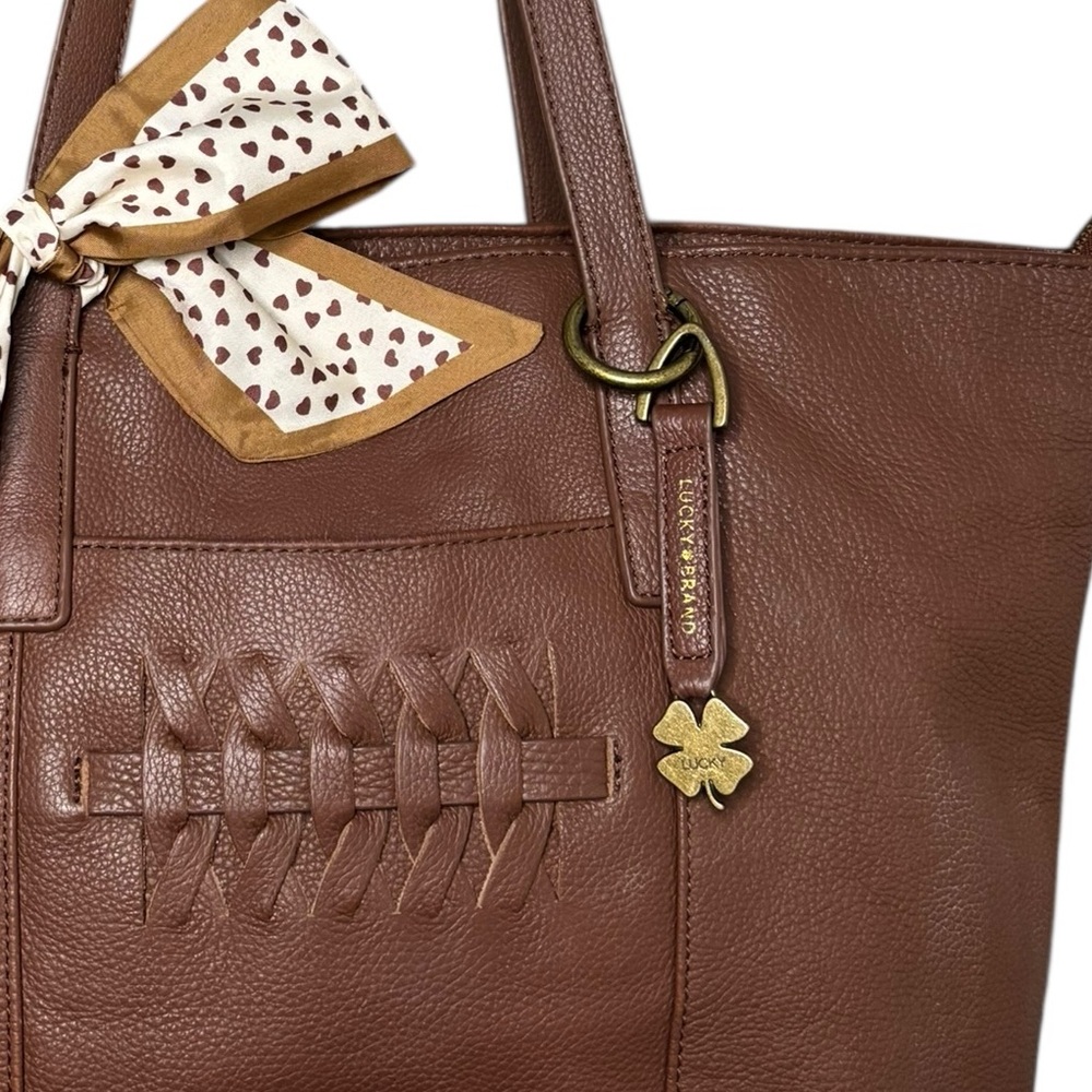 Lucky Brand Brown Leather Tote Bag with Decorative Scarf - Picture 3 of 13